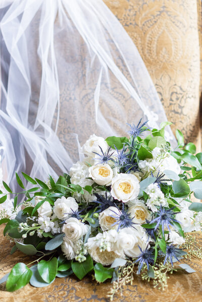 Bride and groom on Virginia wedding day with wedding florals