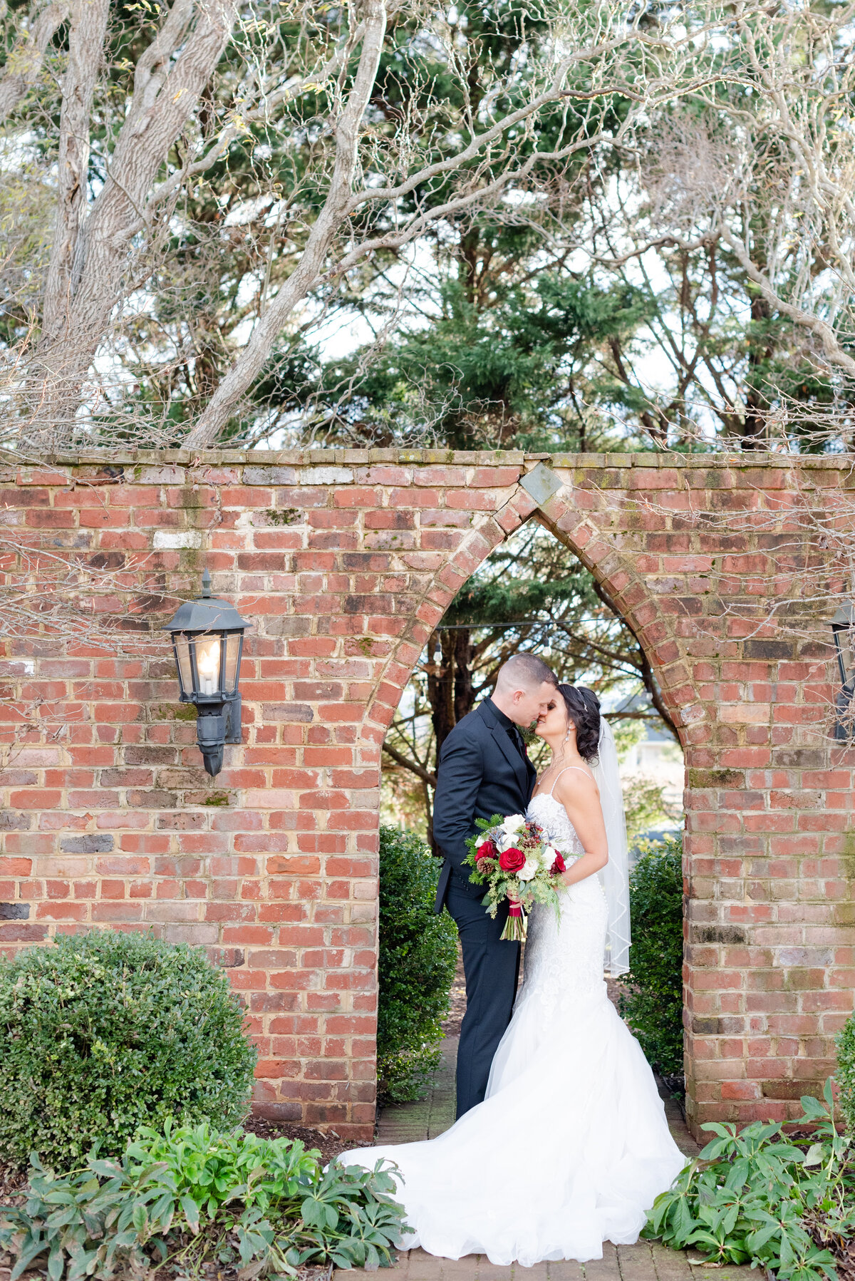 Bride and groom at West Manor wedding venue for luxury winter Virginia wedding